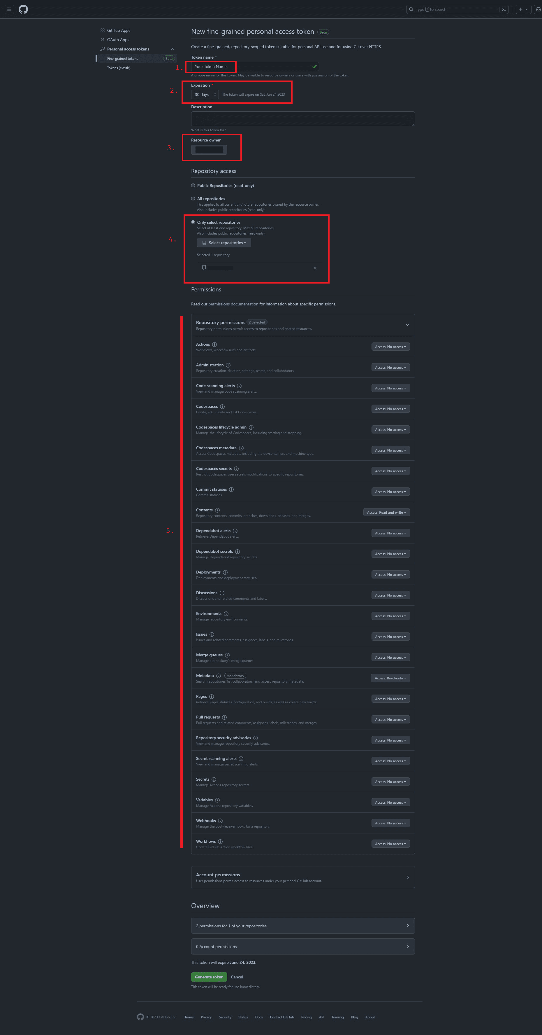 Creating a fine-grained GitHub access token that has permission only over a specific single repository